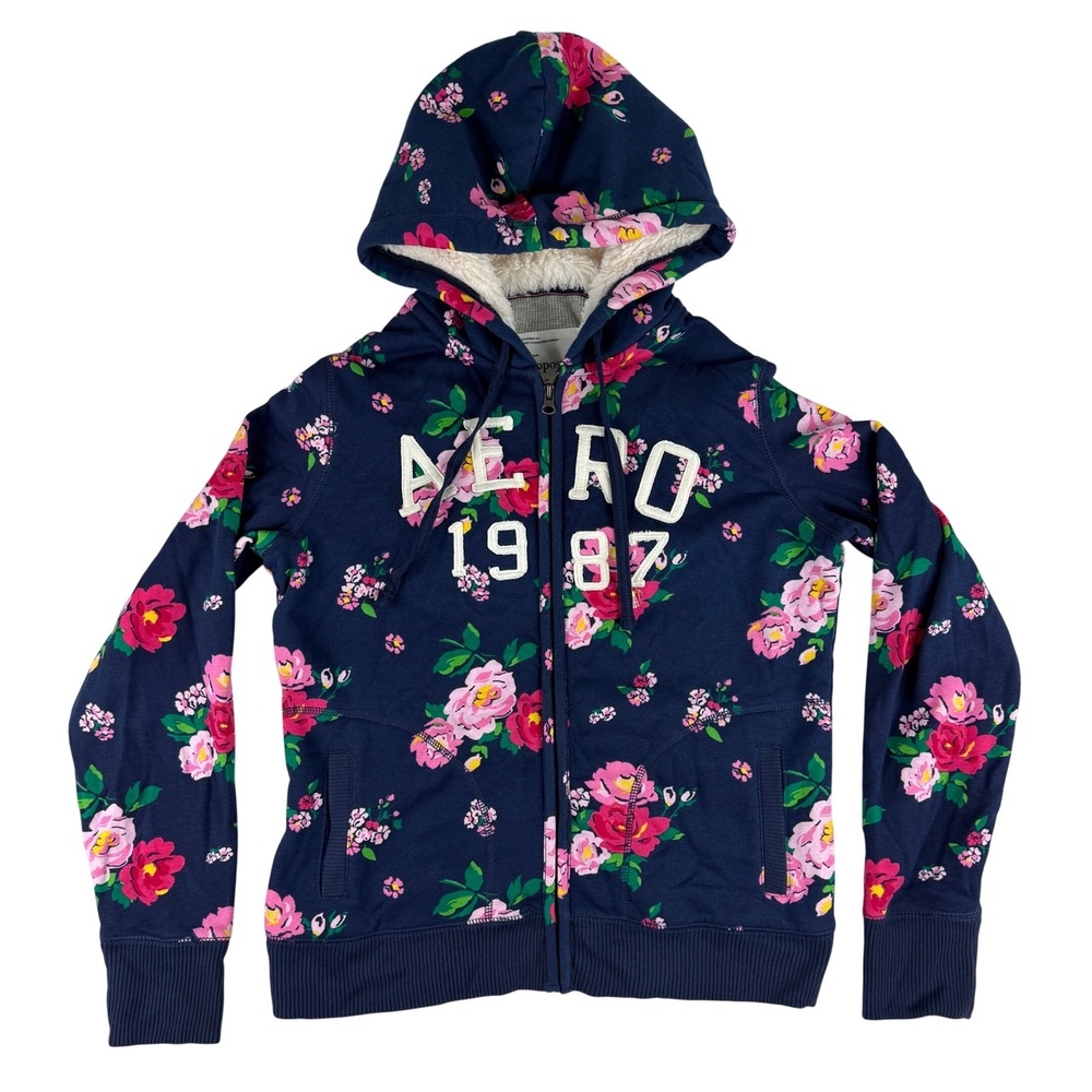 Y2K Aeropostale Floral Zip Hoodie Womens XL Navy Blue Faux Fur Lined 7372AH11‎